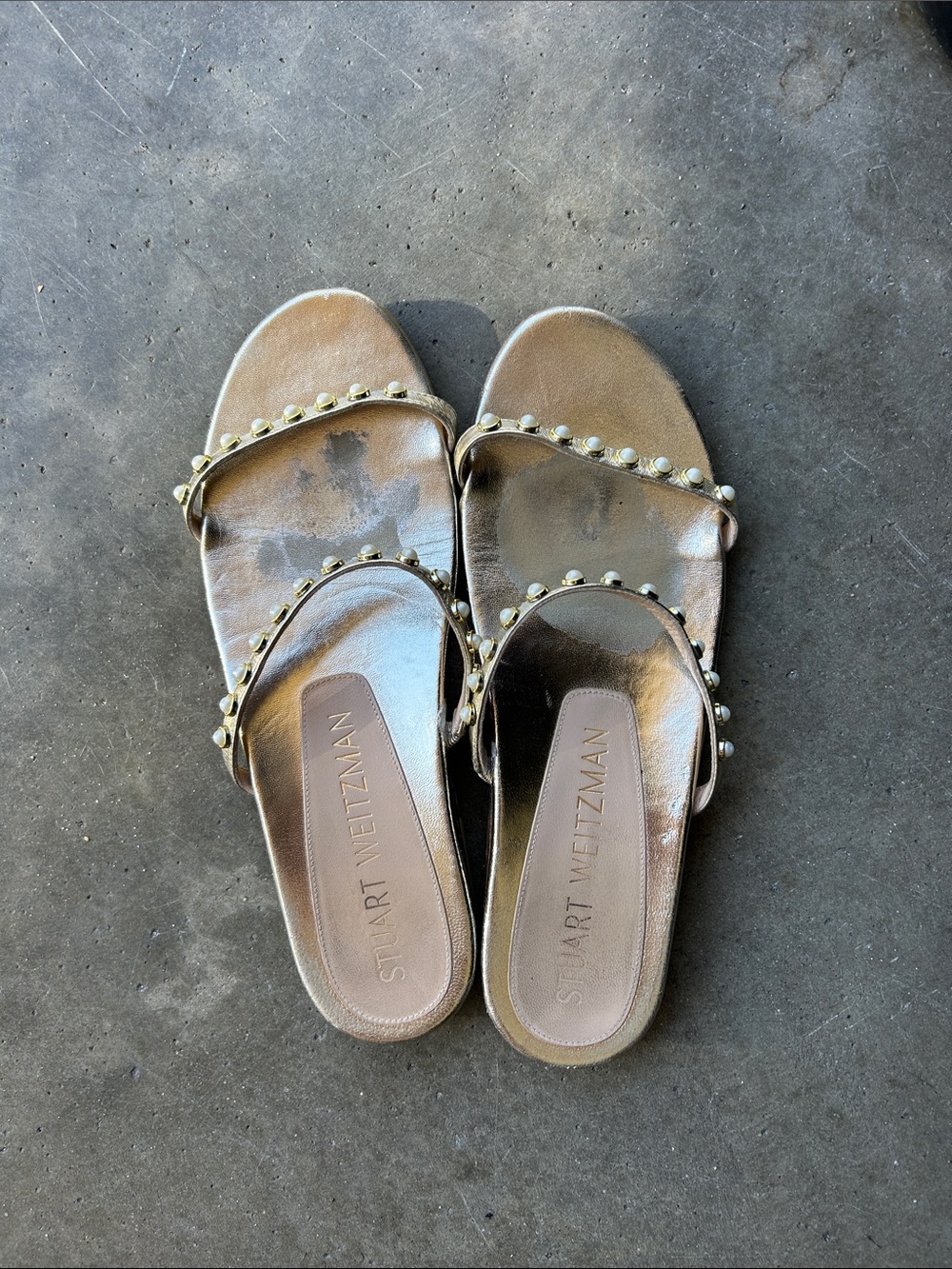 Stuart Weitzman Metallic Gold Studded Slide Mules